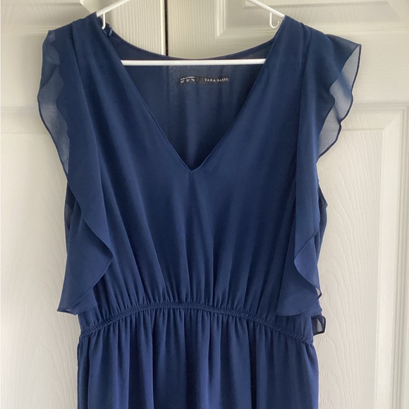 ZARA Navy Blue Ruffle V-Neck Dress - Picture 3 of 5